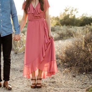 Jess Ruffle Midi dress size small. Sunset Rose Chiffon Worn once. Height 5’4.
